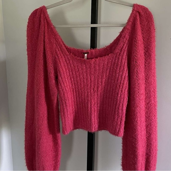 Free People Pink Ribbed Knit Balloon Sleeve Sweater-size Medium-Katie style EUC - Picture 2 of 11